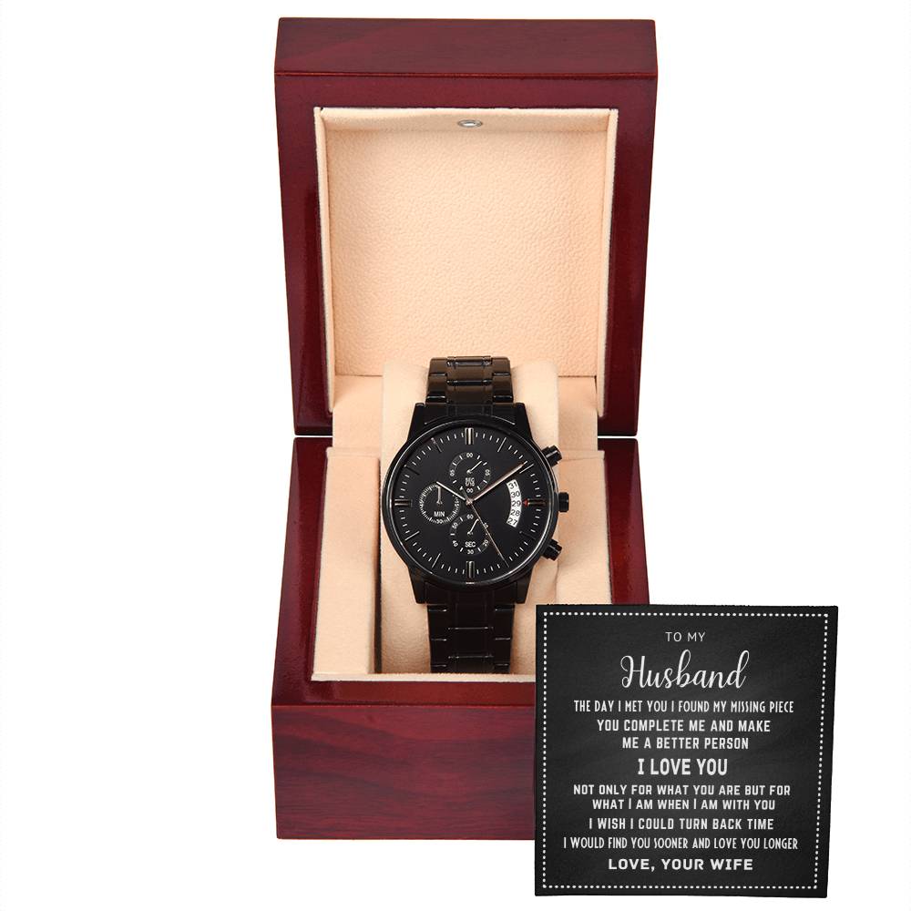 To My Husband - Black Chronograph Watch with Message Card