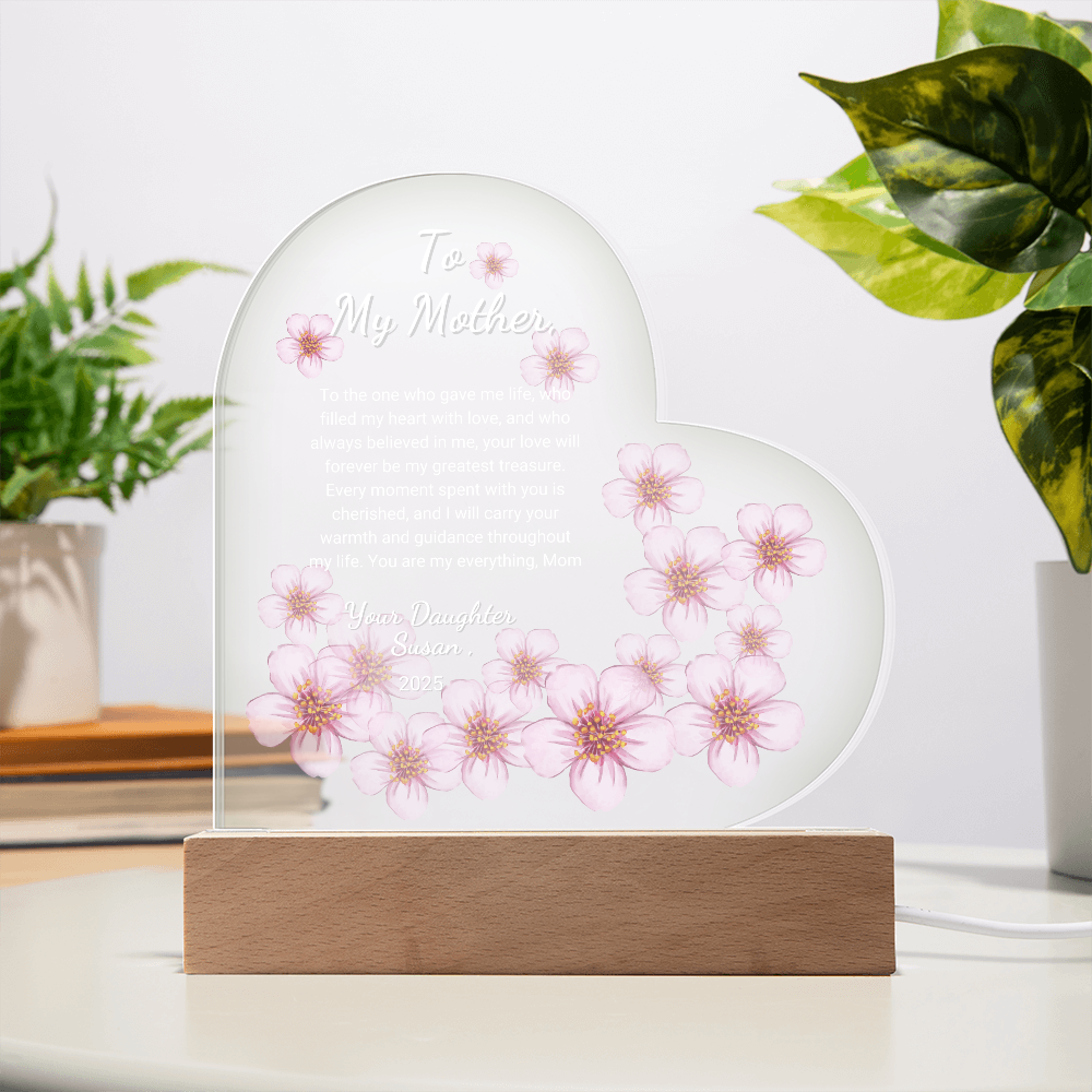 "Personalized Sakura Acrylic Plaque | Custom LED Heart Design | Perfect Gift for Mother’s Day, Anniversaries, and Birthdays