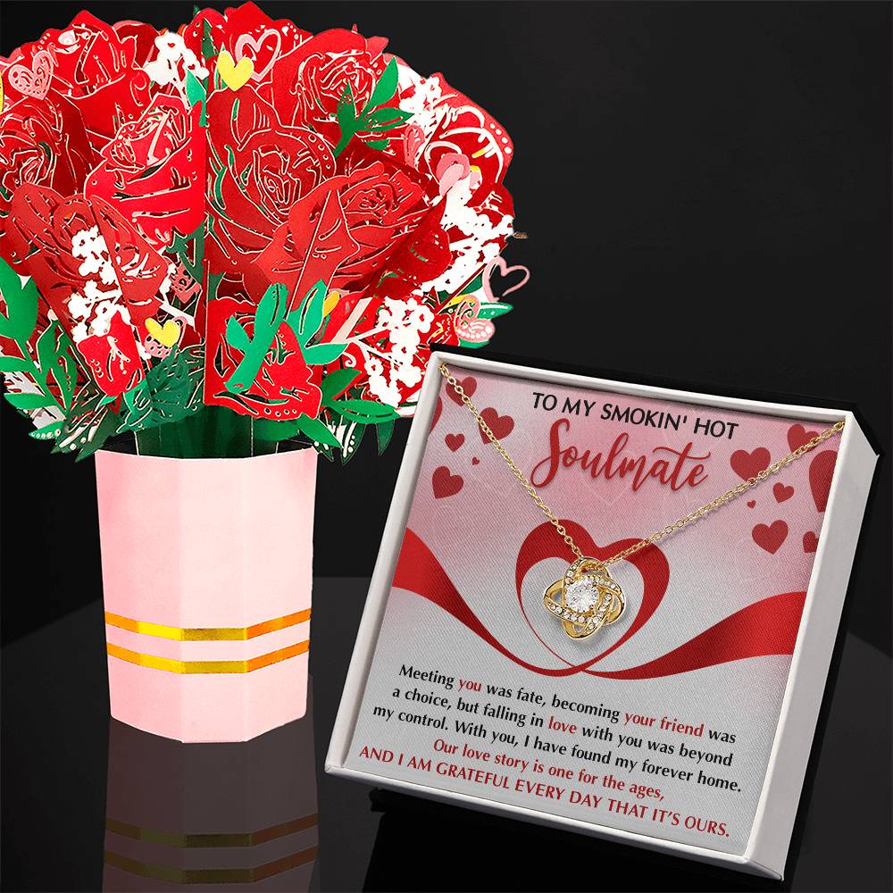 I Am Grateful... Love Knot Necklace and Sweet Devotion Rose Bouquet - Special Limited Valentine' s Gift For soulmate.