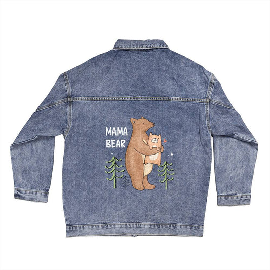 Oversized Women Denim Jacket with Mama Bear and Cub Design, gift for mom, birthday gift, Mother's Day gift