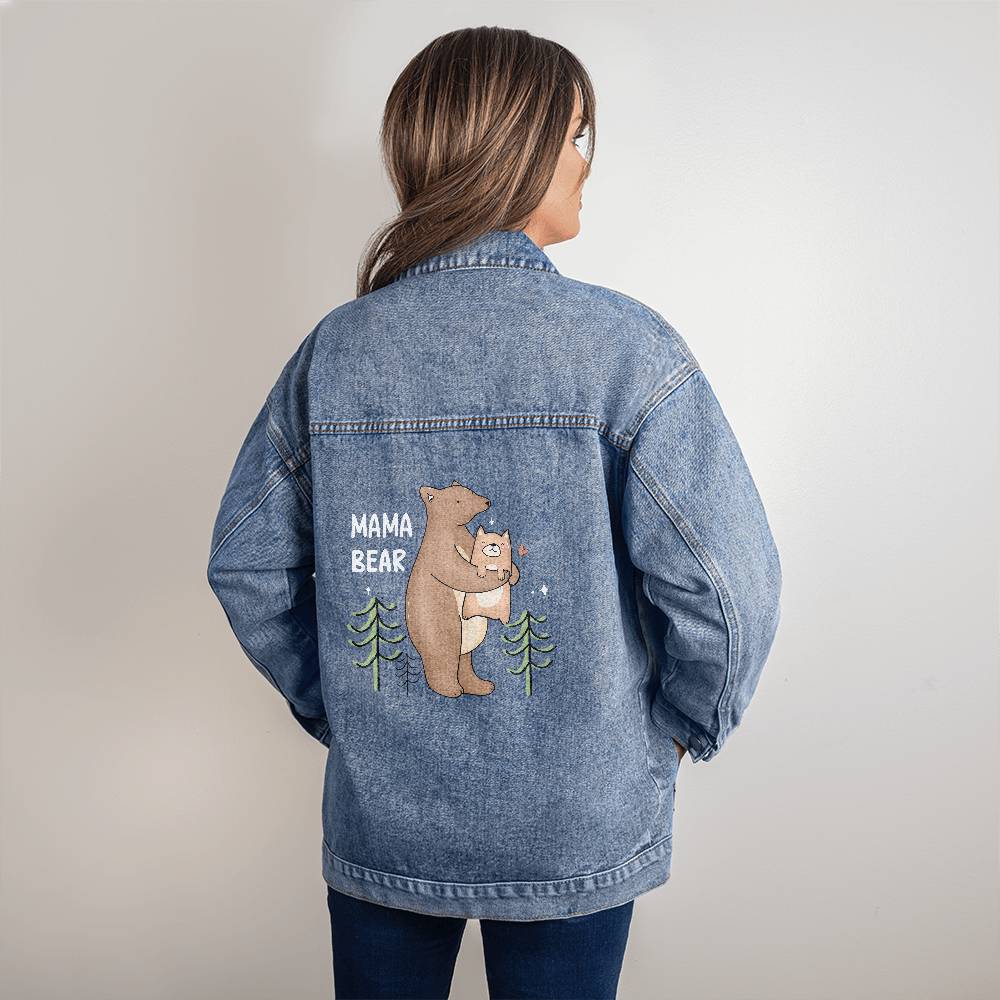 Oversized Women Denim Jacket with Mama Bear and Cub Design, gift for mom, birthday gift, Mother's Day gift