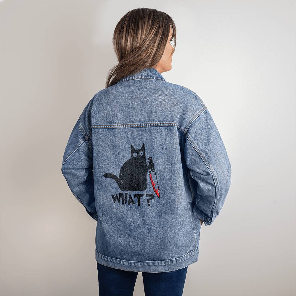 Oversized Women's Denim Jacket, Black Cat Design, Gifts