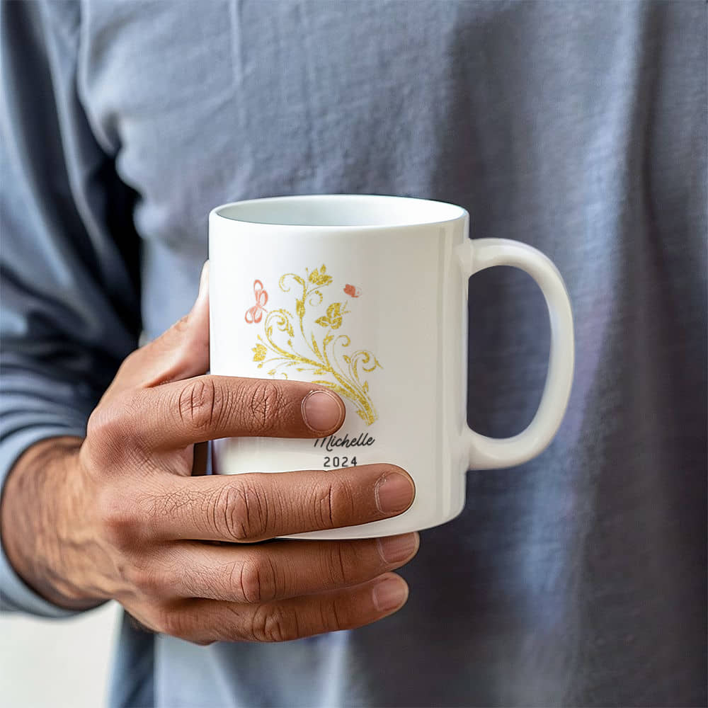 Personalized Vintage Floral Coffee Mug: Elegant Ceramic Design for Tea and Coffee Lovers