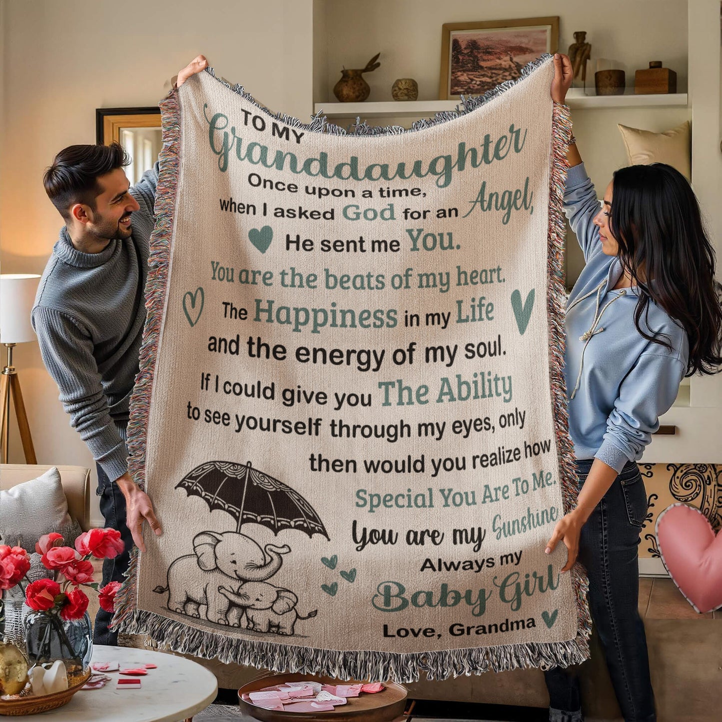 Heirloom Artwork Woven Blanket – Gift for My Granddaughter, Unique Keepsake for Her