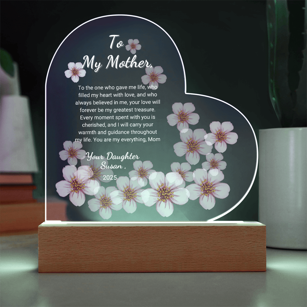 "Personalized Sakura Acrylic Plaque | Custom LED Heart Design | Perfect Gift for Mother’s Day, Anniversaries, and Birthdays