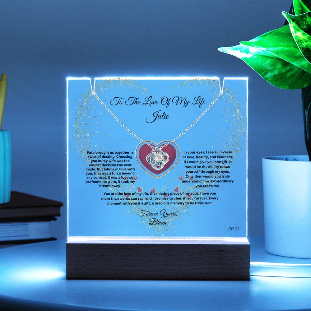 Personalized Love Knot Necklace on LED Keepsake Acrylic  Plaque Bundle Display – Anniversary, Birthday or Valentine's Day Gift for WIfe, for Soulmate