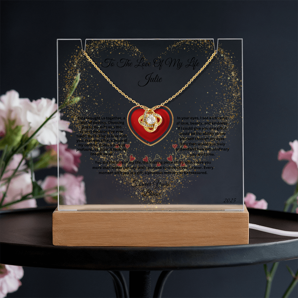 Personalized Love Knot Necklace on LED Keepsake Acrylic  Plaque Bundle Display – Anniversary, Birthday or Valentine's Day Gift for WIfe, for Soulmate