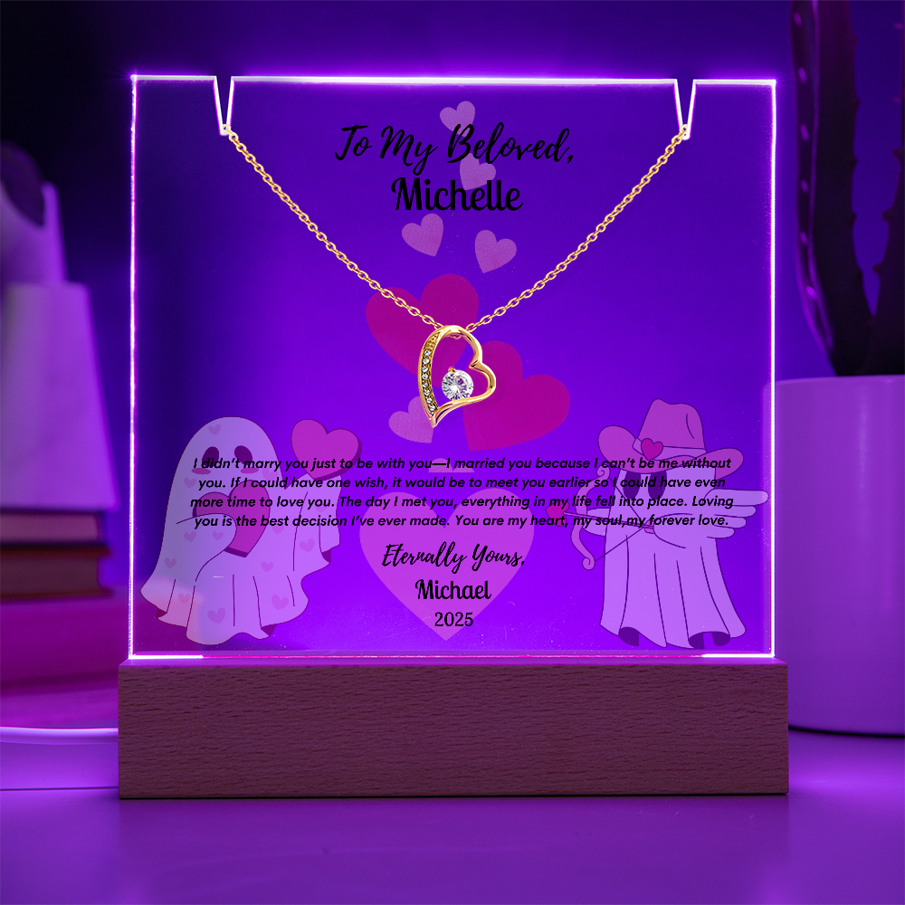 Eternal Love Keepsake Bundle: Personalized Acrylic Display & Forever Love Necklace,Gift For WIfe, Gift For Soulmate