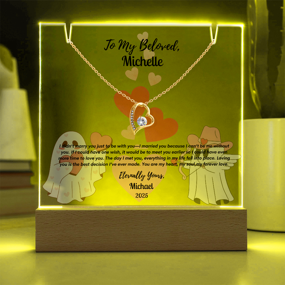 Eternal Love Keepsake Bundle: Personalized Acrylic Display & Forever Love Necklace,Gift For WIfe, Gift For Soulmate