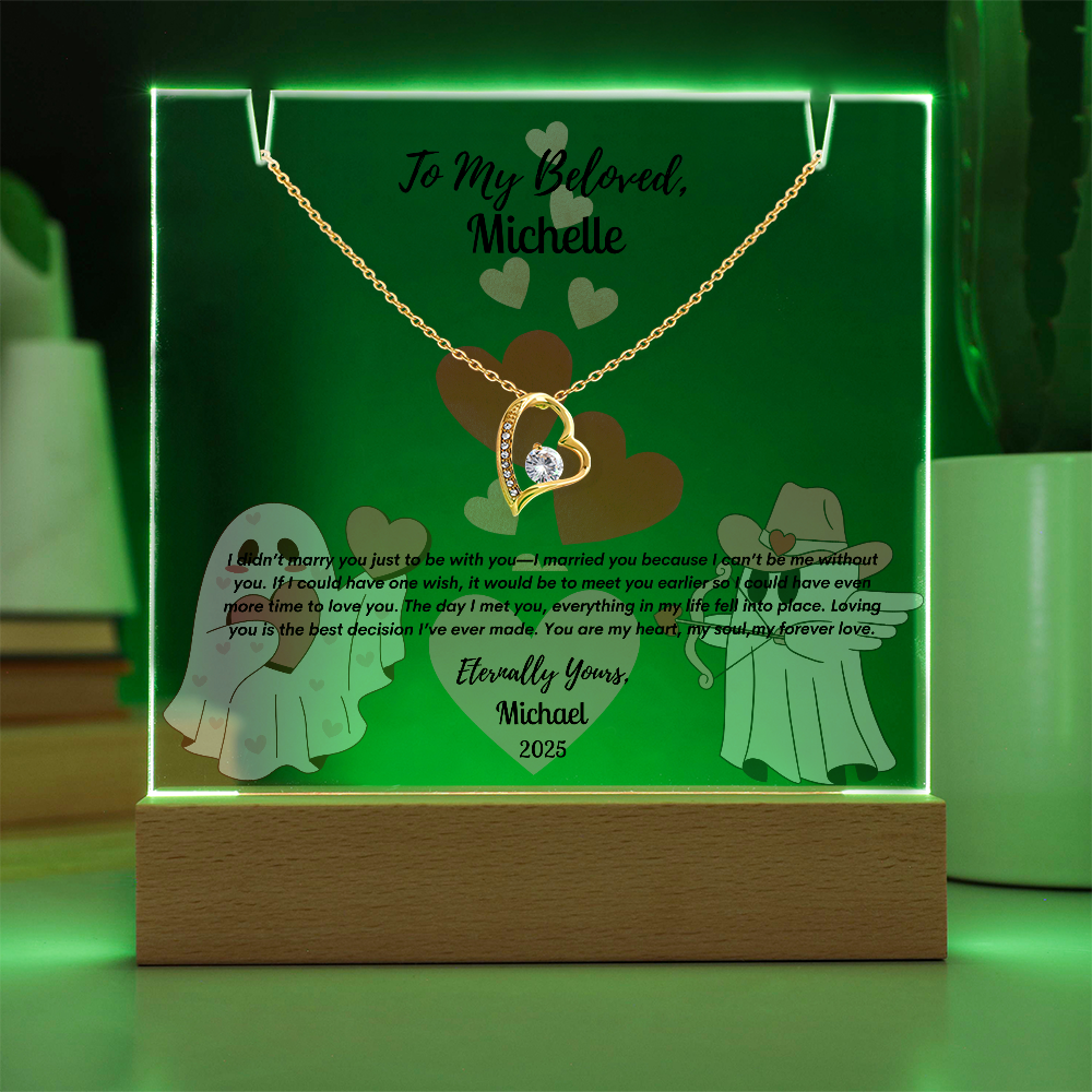 Eternal Love Keepsake Bundle: Personalized Acrylic Display & Forever Love Necklace,Gift For WIfe, Gift For Soulmate