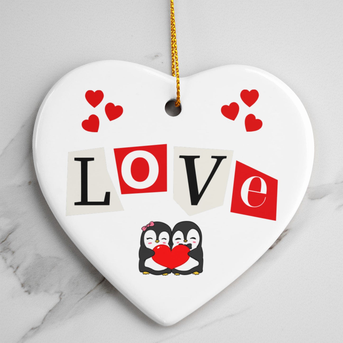 Penguin Love - Ceramic Heart Ornament